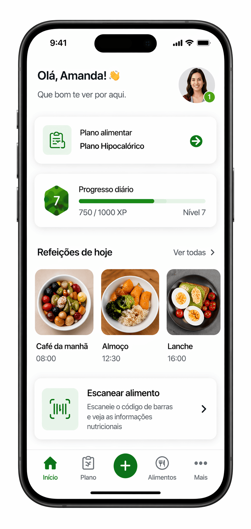Tela inicial do app: plano alimentar, progresso diário e refeições do dia.